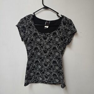 Wrapper Womens Black Silver Metallic Floral Lace Scoop Neck Top Y2K Whimsigoth L